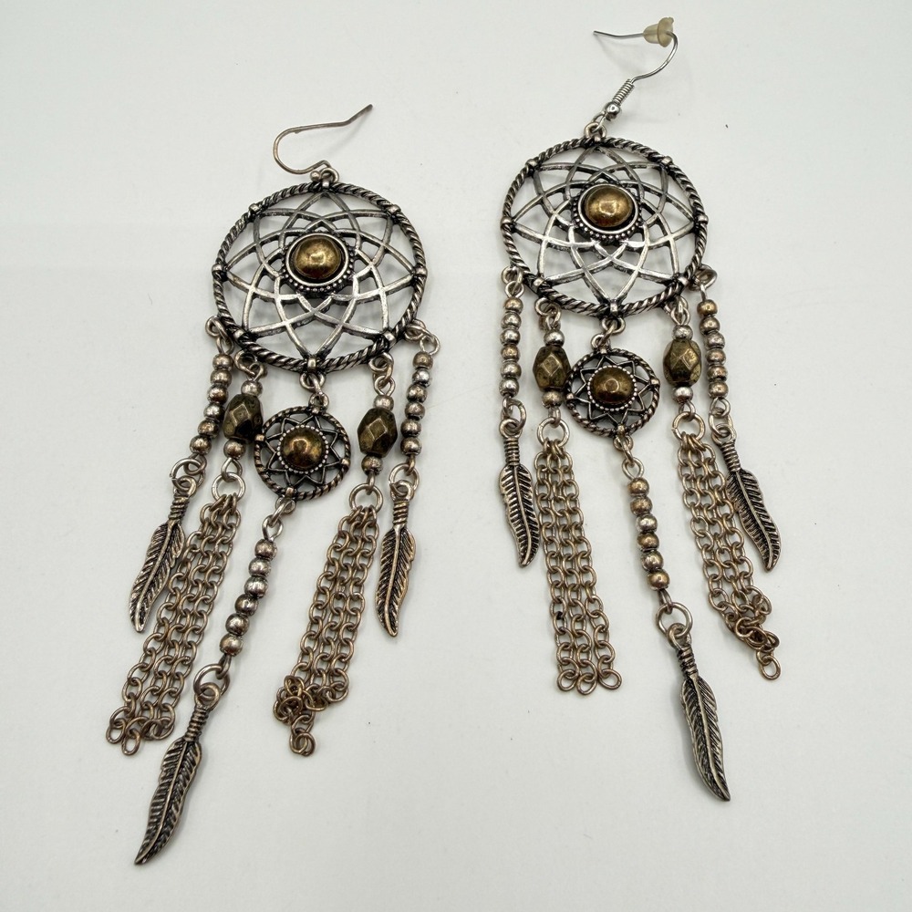 Dreamcatcher Feather Chain Earrings Silver Tone Boho Festival Statement Vintage